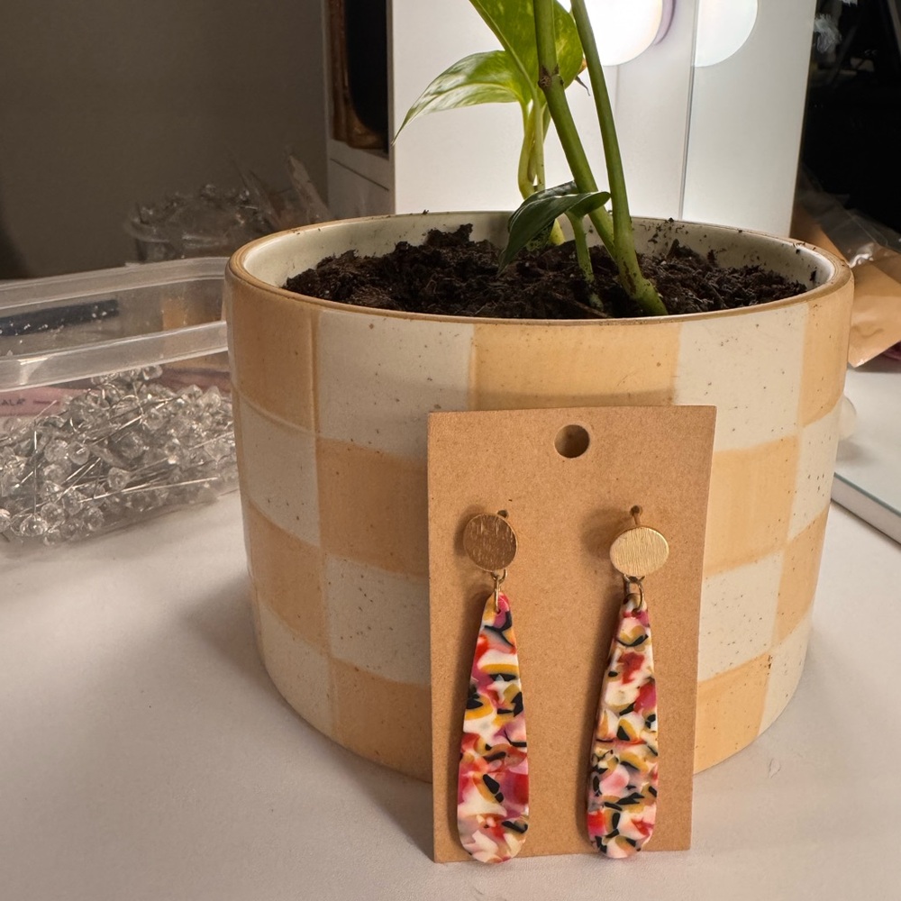 Handmade Multicolor Resin Drop Earrings with Gold Accents